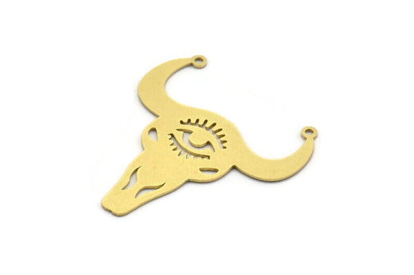 Brass Bull Charm, 6 Raw Brass Ox Head Shaped Charms With 2 Loops, Necklace Charms, Findings (35x32x0.60mm) A6379