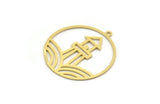 Brass Round Charm, 4 Raw Brass Lighthouse And Wave Patterned Round Charms With 1 Loop, Findings (32x30x0.60mm) A6315