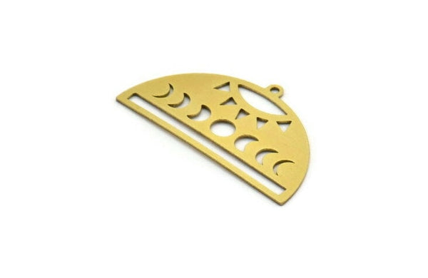 Semi Circle Charm, 4 Raw Brass Moon Phases Patterned Sun Shaped Charms With 1 Loop, Charms, Findings (20x36x0.60mm) A6420