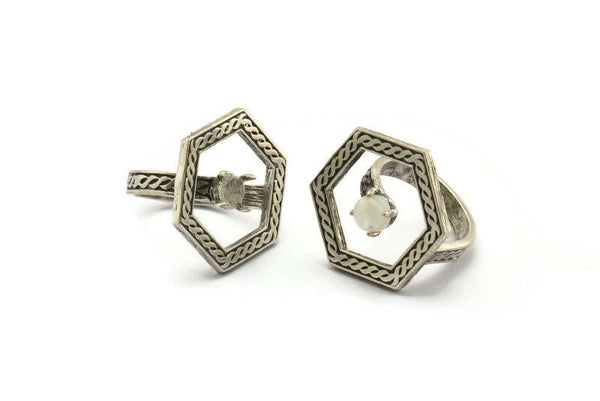 Gümüş Yüzük Ayarları, 1 Taşlı Antik Gümüş Kaplama Pirinç Altıgen Yüzük - Ped Boyutu 6 mm N2284 H1612