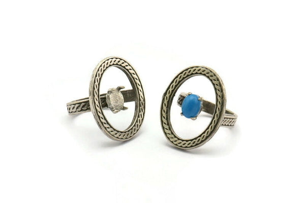 Gümüş Yüzük Ayarı, Antik Gümüş Kaplamalı Pirinç Oval Yüzük, 1 Taş Ayarı - Ped Boyutu 8x6mm N2286 H1608