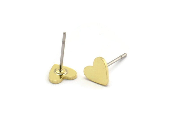 Brass Heart Earring, 12 Raw Brass Tiny Heart Shaped Stud Earrings (6x6x0.80mm) A6586