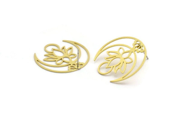 Brass Lotus Earring, 6 Raw Brass Lotus Flower And Crescent Moon Shaped Stud Earrings (27x26x0.60mm) A5135 A6605