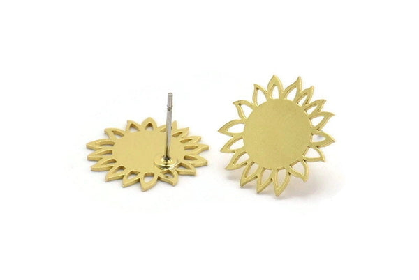 Brass Flower Earring, 8 Raw Brass Sunflower Shaped Stud Earrings (16x15x0.60mm) A3516 A6594