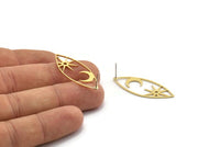 Brass Marquise Earring, 4 Raw Brass Pole Star And Crescent Moon Patterned Marquise Shaped Stud Earrings (39x15x0.80mm) A5704 A6601