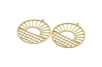 Brass Round Charm, 2 Raw Brass Rising Sun And Wavy Patterned Round Shaped Charms With 1 Loop, Charm Pendants (41x39x0.60mm) A6465