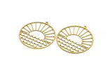 Brass Round Charm, 2 Raw Brass Rising Sun And Wavy Patterned Round Shaped Charms With 1 Loop, Charm Pendants (41x39x0.60mm) A6465