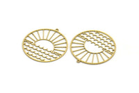 Brass Round Charm, 2 Raw Brass Rising Sun And Wavy Patterned Round Shaped Charms With 1 Loop, Charm Pendants (41x39x0.60mm) A6465
