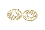 Brass Round Charm, 2 Raw Brass Rising Sun And Wavy Patterned Round Shaped Charms With 1 Loop, Charm Pendants (41x39x0.60mm) A6465