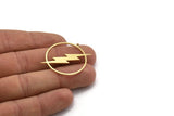 Brass Round Charm, 4 Raw Brass Lightning Patterned Round Shaped Charms With 1 Loop, Findings (32x30x0.80mm) A6468
