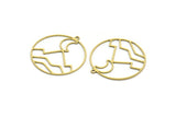 Brass Round Charm, 4 Raw Brass Crescent Moon And Mountain Patterned Round Shaped Charms With 1 Loop, Findings (33x30.5x0.60mm) A6454