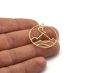 Brass Round Charm, 4 Raw Brass Crescent Moon And Mountain Patterned Round Shaped Charms With 1 Loop, Findings (33x30.5x0.60mm) A6454