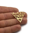Brass Triangle Charm, 4 Raw Brass Sun And Mountain Patterned Triangle Shaped Charms With 2 Loops, Necklace Findings (35x36x0.60mm) A6480