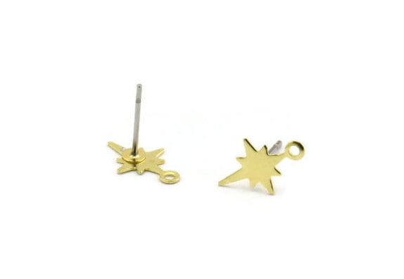 Brass Pole Star Earring, 12 Raw Brass, Brass Earrings, Brass Pole Star Stud Earrings With 1 Loop (13x8x0.40mm) A0819 A6667