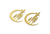 Brass Moon Charm, 4 Raw Brass Crescent Moon And Tree Charms With 1 Loop, Findings (40x32x0.60mm) A6521