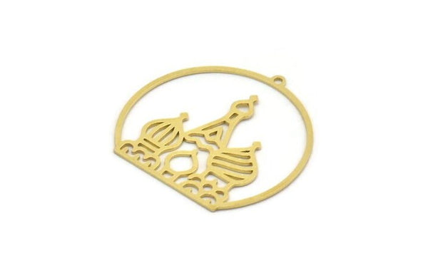 Brass Round Charm, 4 Raw Brass Kremlin Palace Patterned Round Charms With 1 Loop, Findings (32x30x0.60mm) A6658
