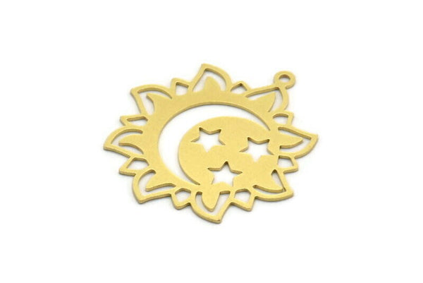 Brass Flower Charm, 4 Raw Brass Crescent Moon And Star Patterned Sunflower Shaped Charms With 1 Loop, Earring Charms (34x32x0.60mm) A6759