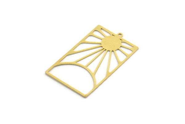 Brass Rectangle Charm, 2 Raw Brass Rising Sun Patterned Rectangle Shaped Charms With 1 Loop, Charm Pendants (40x23x0.60mm) A6734