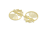 Brass Round Charm, 4 Raw Brass Lotus Flower And Crescent Moon Patterned Round Shaped Charms With 1 Loop, Findings (32x26x0.60mm) A6710