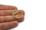 Brass Round Charm, 4 Raw Brass Lotus Flower And Crescent Moon Patterned Round Shaped Charms With 1 Loop, Findings (32x26x0.60mm) A6710