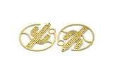 Brass Round Charm, 8 Raw Brass Cactus Patterned Round Shaped Charms With 1 Loop, Charm Pendants (34.5x30x0.60mm) SMP0057