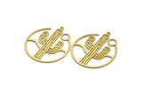 Brass Round Charm, 8 Raw Brass Cactus Patterned Round Shaped Charms With 1 Loop, Charm Pendants (34.5x30x0.60mm) SMP0057