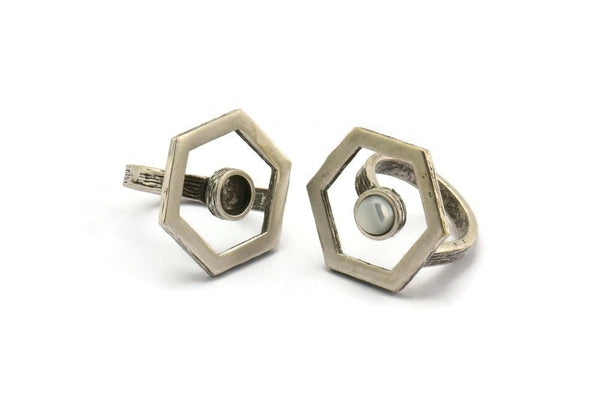 Gümüş Yüzük Ayarları, 1 Taşlı Antik Gümüş Kaplama Pirinç Altıgen Yüzük - Ped Boyutu 6mm N2289 H1602