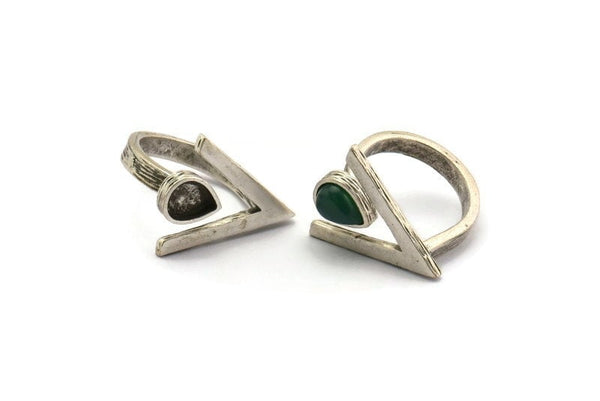 Gümüş Yüzük Ayarları, Antik Gümüş Kaplama Pirinç Üçgen Yüzük, 1 Taş Ayarı - Damla Ped Boyutu 8x6mm N2288 H1605