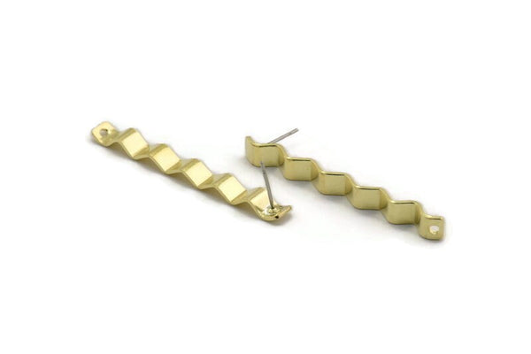 Brass Rectangle Earring, 6 Raw Brass Wavy Stud Earrings With 1 Hole, Zig Zag Earrings (46x5x0.80mm) B0322 A6581