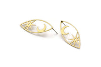 Brass Marquise Earring, 4 Raw Brass Pole Star And Crescent Moon Patterned Marquise Shaped Stud Earrings (39x15x0.80mm) A5704 A6601