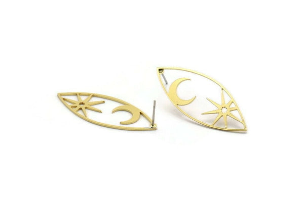 Brass Marquise Earring, 4 Raw Brass Pole Star And Crescent Moon Patterned Marquise Shaped Stud Earrings (39x15x0.80mm) A5704 A6601