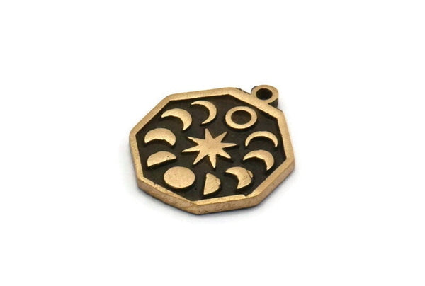 Brass Octagon Charm, 2 Raw Brass Octagon Charms With 1 Loop, Copper Moon Phases Findings, Copper Star Findings (19x16x1.4mm) N2331