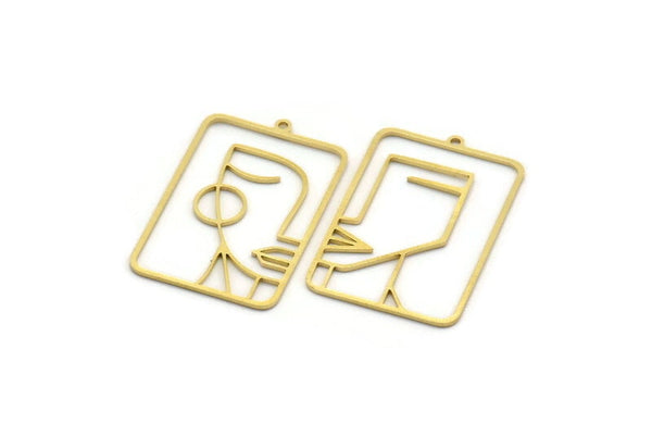 Brass Face Charm, 2 Raw Brass Man And Woman Face Charms With 1 Loop, Findings (35x23x0.80mm) A6677