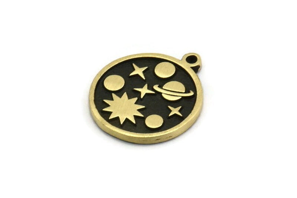 Brass Round Charm, 2 Raw Brass Round Charms With 1 Loop, Galaxy Findings, Brass Universe Findings (19x17x1.5mm) N2396