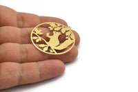 Brass Rabbit Charm, 2 Raw Brass Rabbit Patterned Round Shaped Charms With 1 Loop, Earring Charm Findings (40x38x0.60mm) A6638