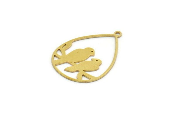 Brass Bird Charm, 12 Raw Brass Bird Patterned Drop Shaped Charms With 1 Loop (29.5x21x0.60mm) A6555