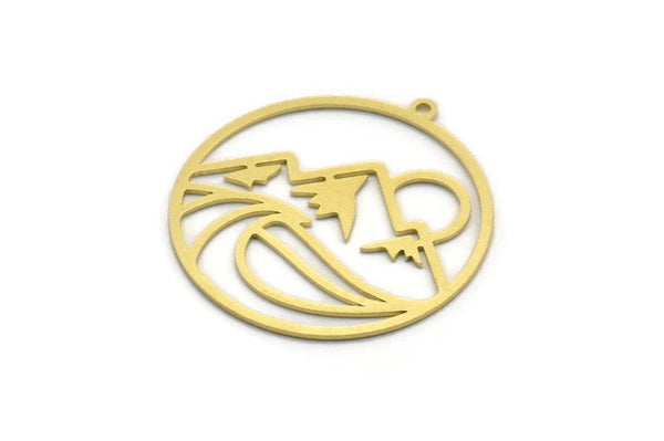 Brass Round Charm, 4 Raw Brass Mountain Patterned Round Shaped Charms With 1 Loop, Charm Pendants (32x30x0.60mm) A6747