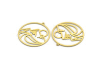 Brass Round Charm, 4 Raw Brass Mountain Patterned Round Shaped Charms With 1 Loop, Charm Pendants (32x30x0.60mm) A6747
