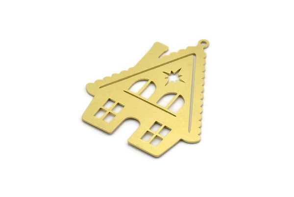 Brass House Charm, 4 Raw Brass House Shaped Charms With 1 Loop, Earrings, Findings (38x32x0.60mm) A6763