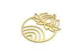 Brass Round Charm, 4 Raw Brass Lotus Flower And Crescent Moon Patterned Round Shaped Charms With 1 Loop, Findings (32x26x0.60mm) A6710