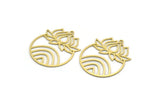 Brass Round Charm, 4 Raw Brass Lotus Flower And Crescent Moon Patterned Round Shaped Charms With 1 Loop, Findings (32x26x0.60mm) A6710