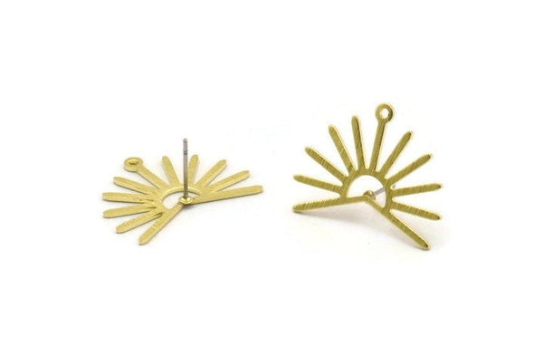 Brass Sun Earring, 4 Textured Raw Brass Sun Stud Earrings With 1 Loop (20x25x0.80mm) M02295