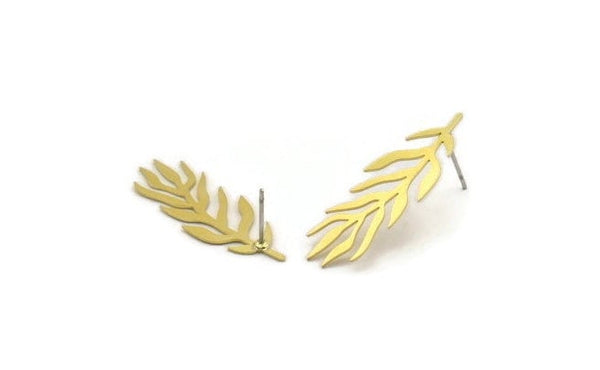 Brass Leaf Earring, 8 Raw Brass Leaf Shaped Stud Earrings, Findings (34x12x0.60mm) A4695 A3553