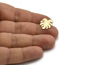 Gold Leaf Earring, 4 Gold Plated Brass Monstera Leaves Shaped Stud Earrings (16x15x0.60mm) A2924 H0150