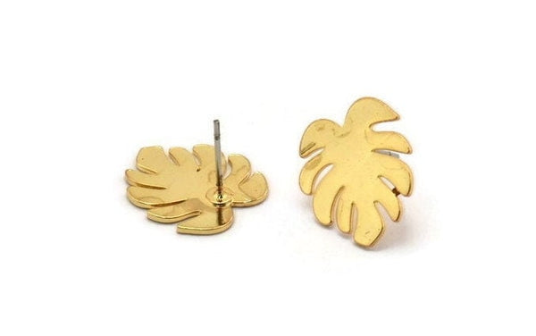 Gold Leaf Earring, 4 Gold Plated Brass Monstera Leaves Shaped Stud Earrings (16x15x0.60mm) A2924 H0150