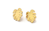 Gold Leaf Earring, 4 Gold Plated Brass Monstera Leaves Shaped Stud Earrings (16x15x0.60mm) A2924 H0150