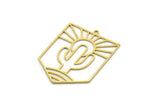 Brass Rectangle Charm, 8 Raw Brass Sun And Desert Patterned Rectangle Shaped Charms With 1 Loop, Cactus Findings (37x27x0.60mm) SMP0033