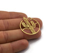 Brass Round Charm, 8 Raw Brass Cactus Patterned Round Shaped Charms With 1 Loop, Charm Pendants (34.5x30x0.60mm) SMP0057