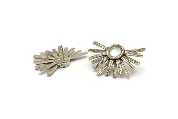 Silver Sunshine Earring, 2 Antique Silver Plated Brass Sunshine Badge Stud Earrings - Pad Size 8mm (40x26mm) N0770