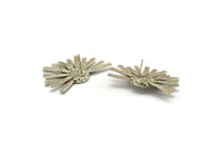 Silver Sunshine Earring, 2 Antique Silver Plated Brass Sunshine Badge Stud Earrings - Pad Size 8mm (40x26mm) N0770